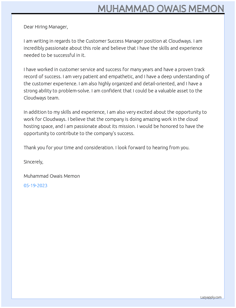 Customer Success Manager At Cloudways Cover Letter