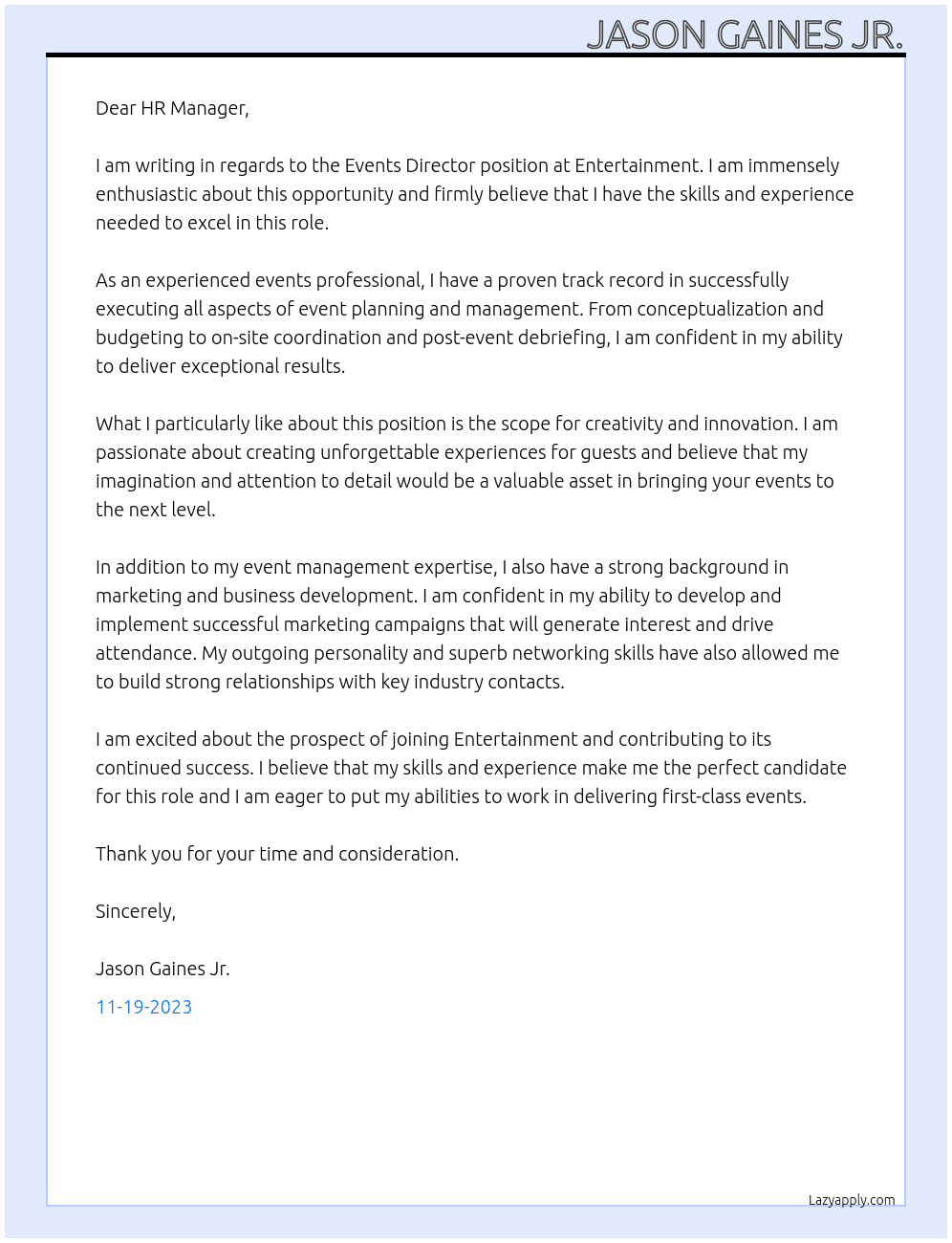 Events Director At Entertainment Cover Letter