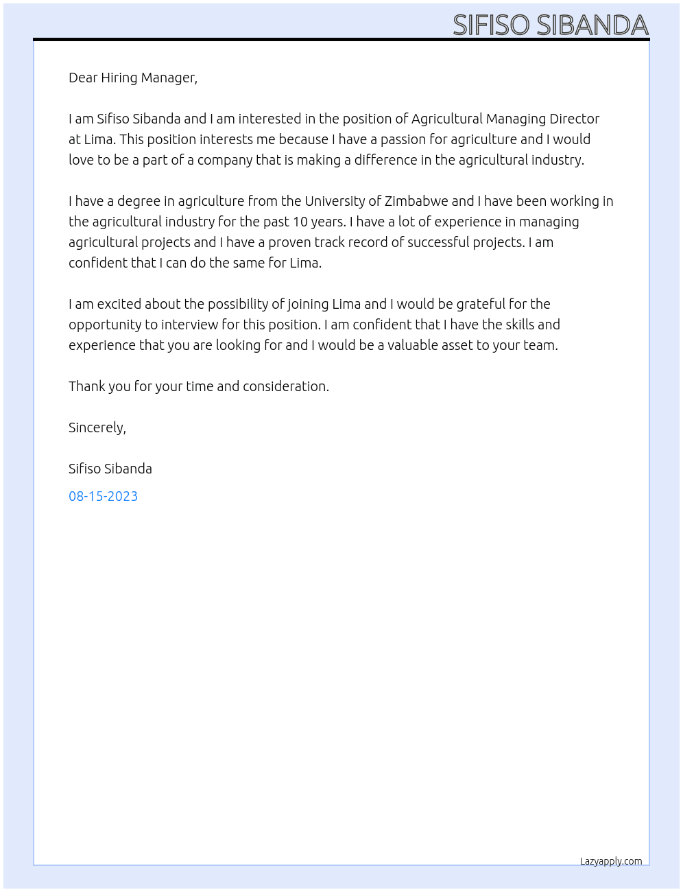Agriculutural managing director  At Lima Cover Letter