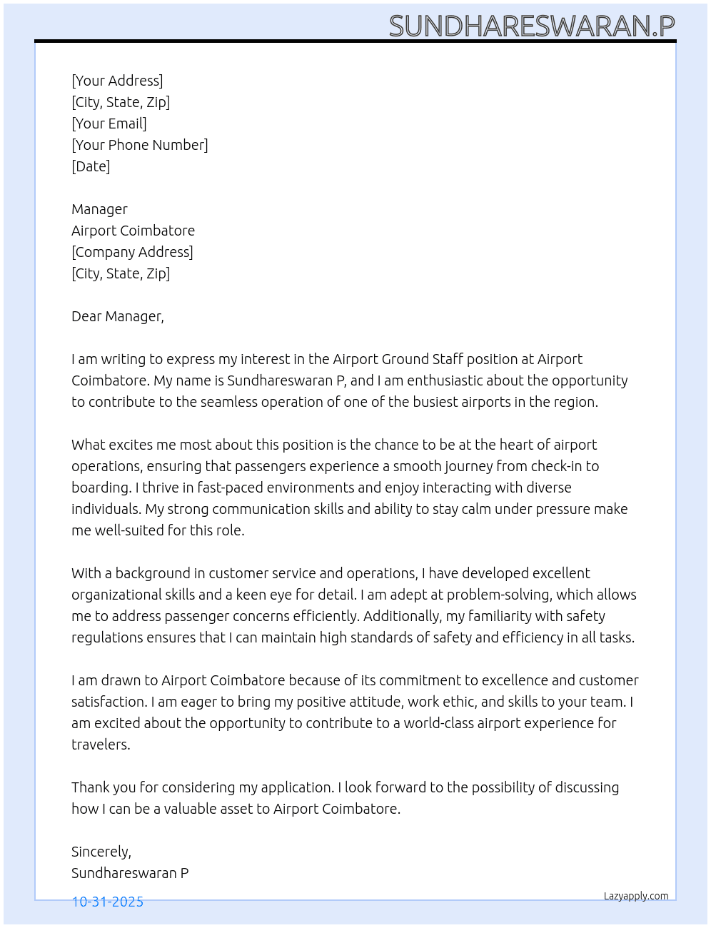 Air port ground staff At Airport coimbatore  Cover Letter