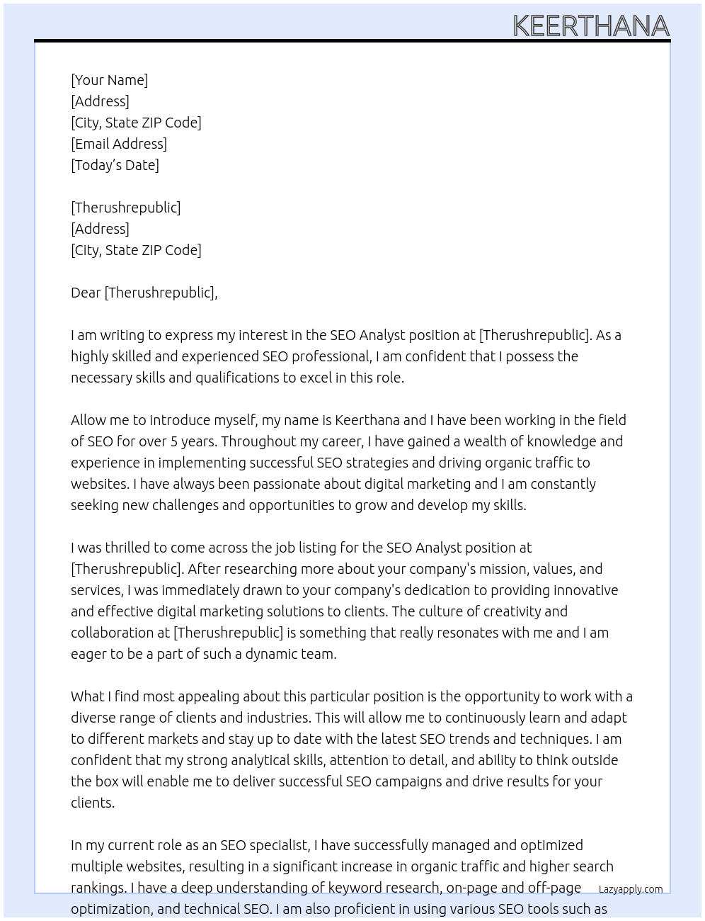 seo analyst At therushrepublic Cover Letter