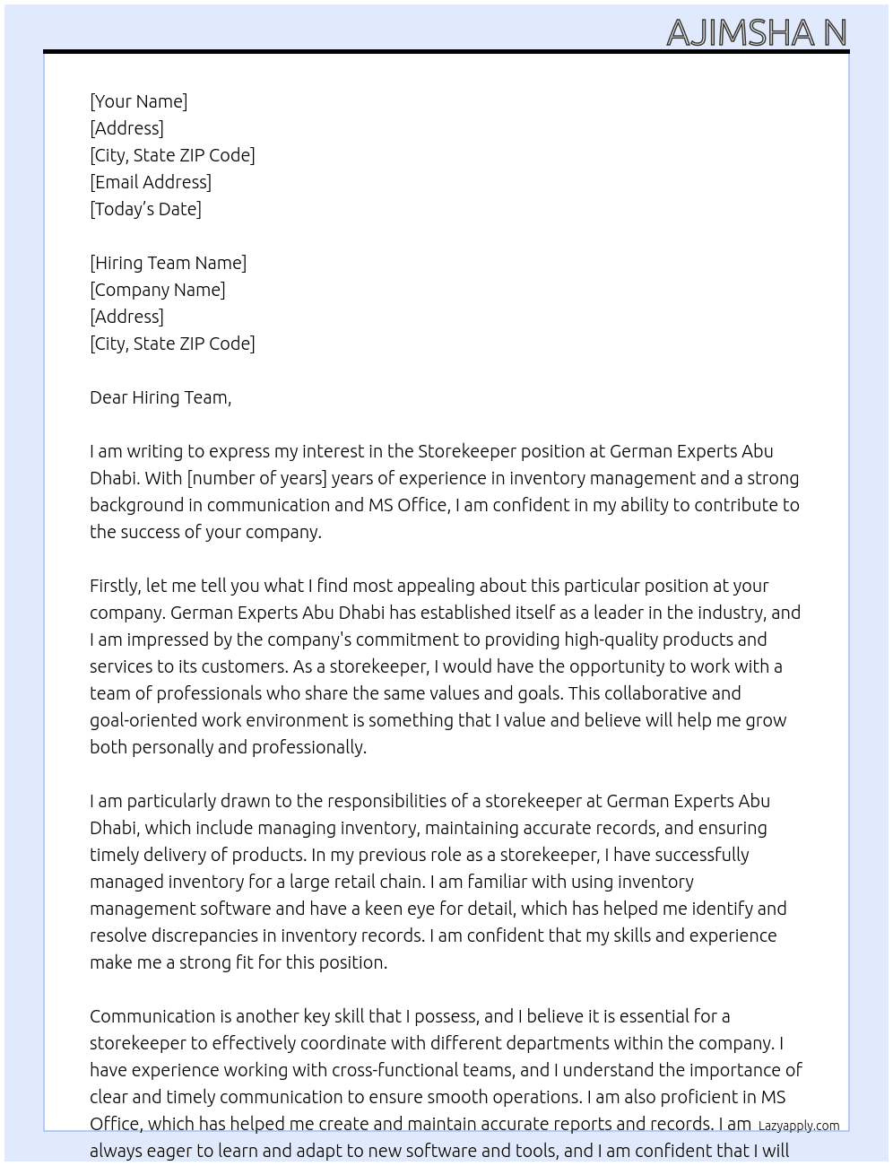 Storekeeper  At German Experts Abu Dhabi  Cover Letter
