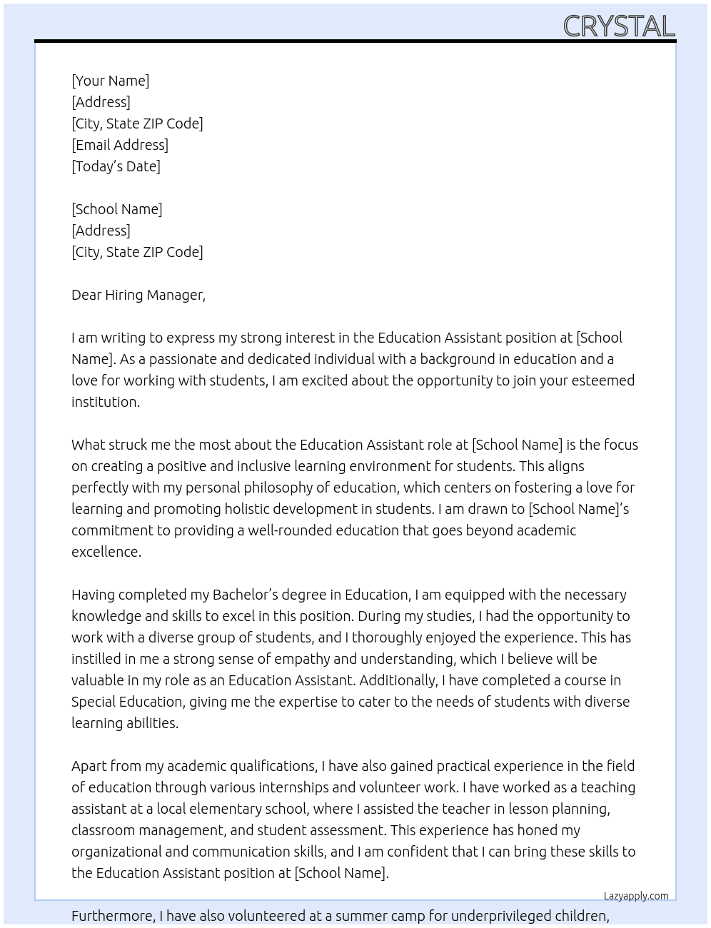 Education Assistant  At School Name Cover Letter