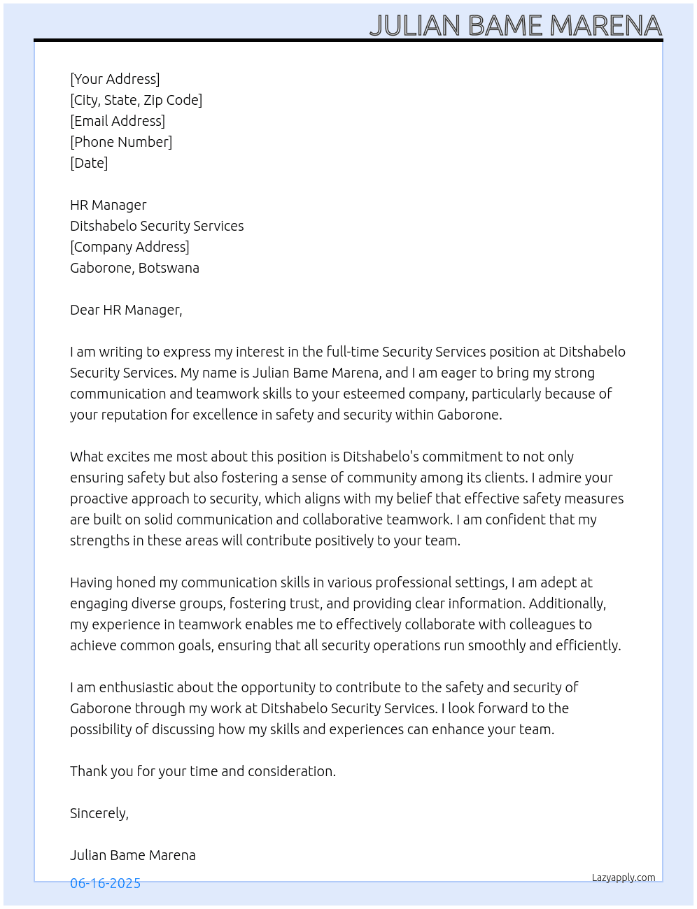 Security Services  At Ditshabelo security services  Cover Letter