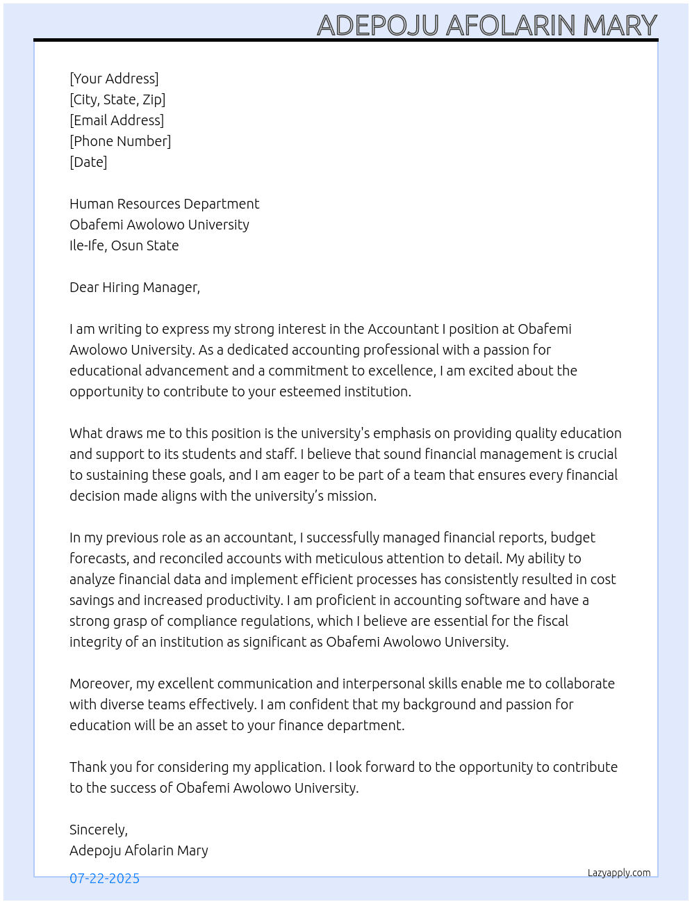 Accountant I At OBAFEMI AWOLOWO UNIVERSITY Cover Letter