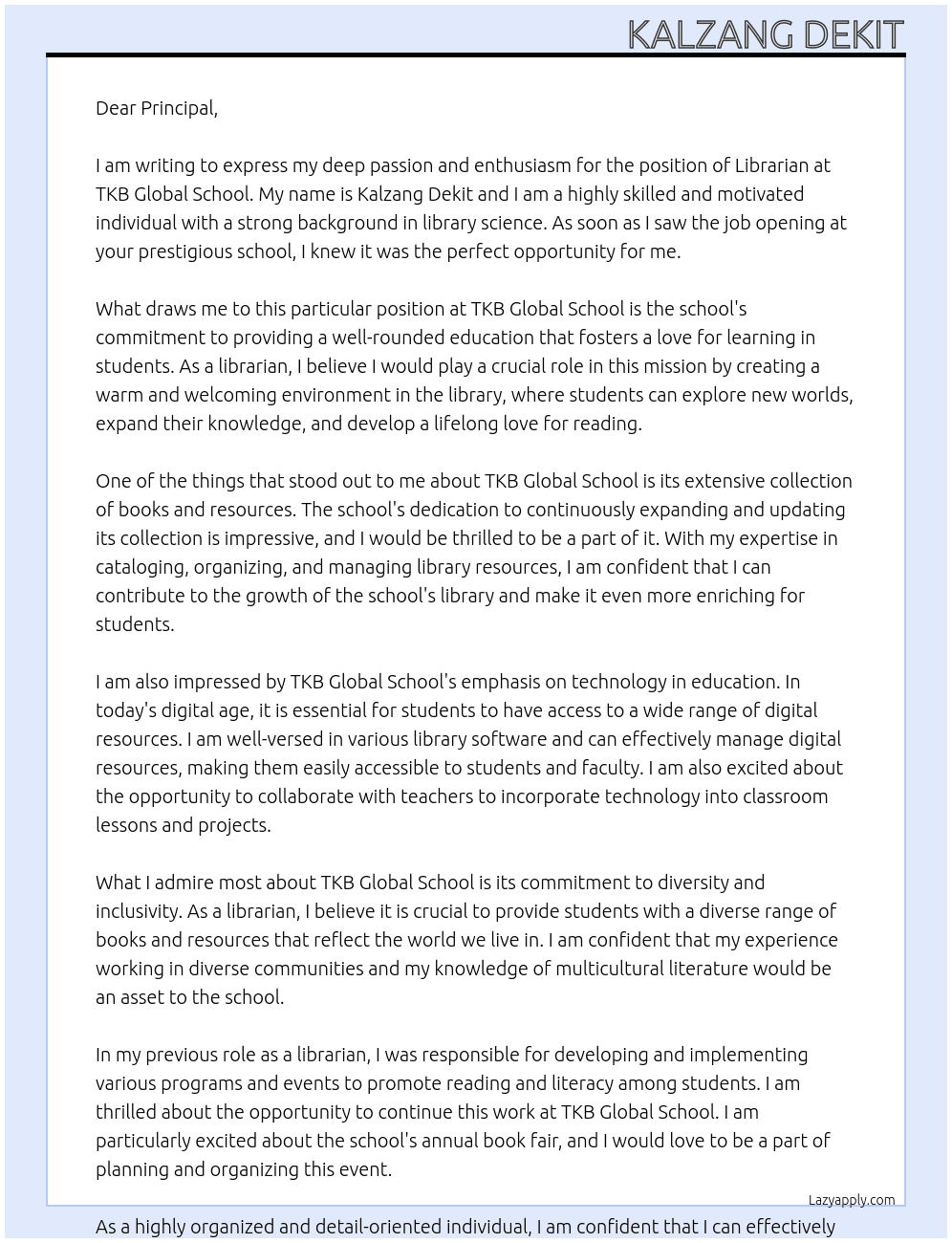 librarian At TKB GLOBAL SCHOOL Cover Letter