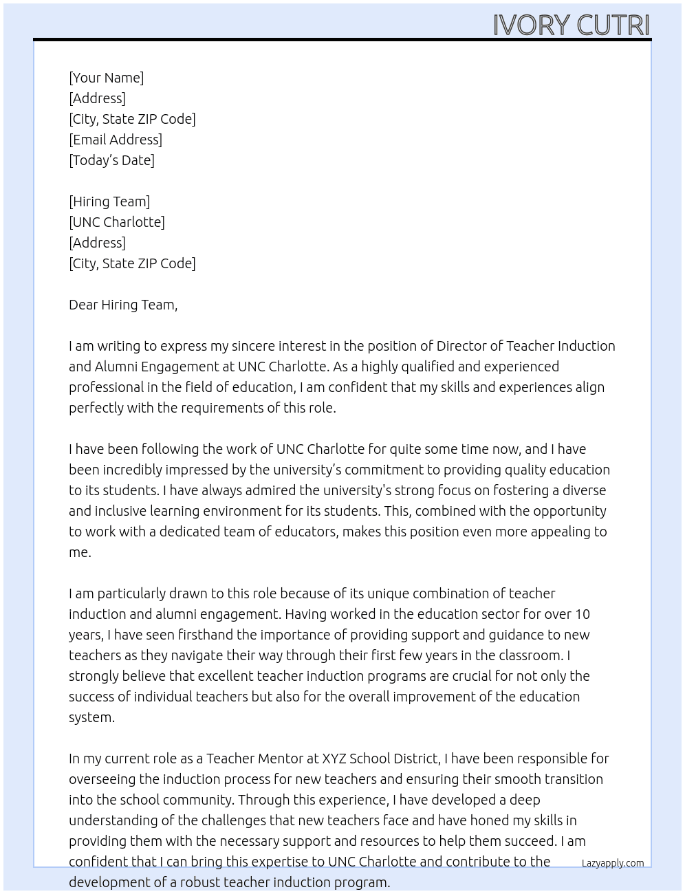Director of Teacher Induction and Alumni Engagement At UNC Charlotte Cover Letter