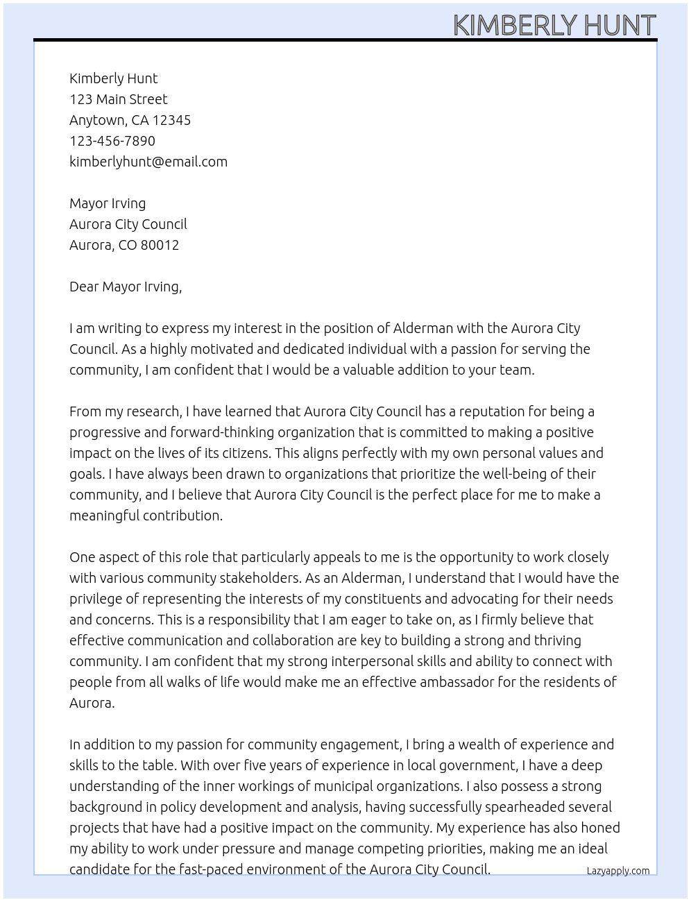 alderman At Aurora City Council Cover Letter