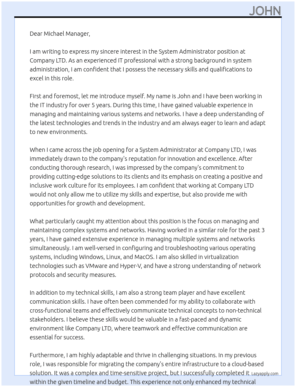 System Administrator At Company LTD Cover Letter