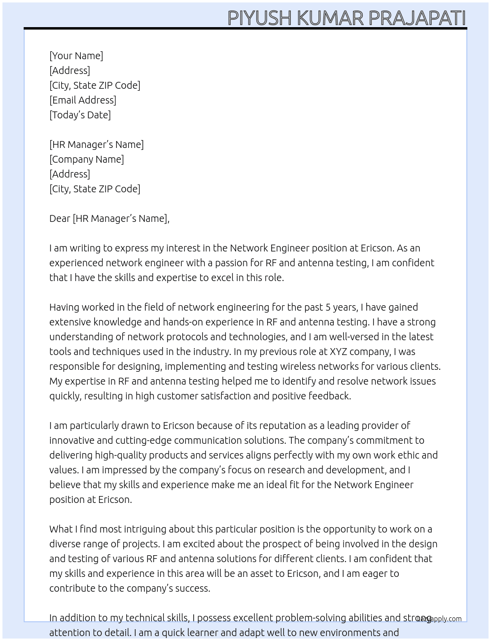 Network Engineer At Ericson  Cover Letter