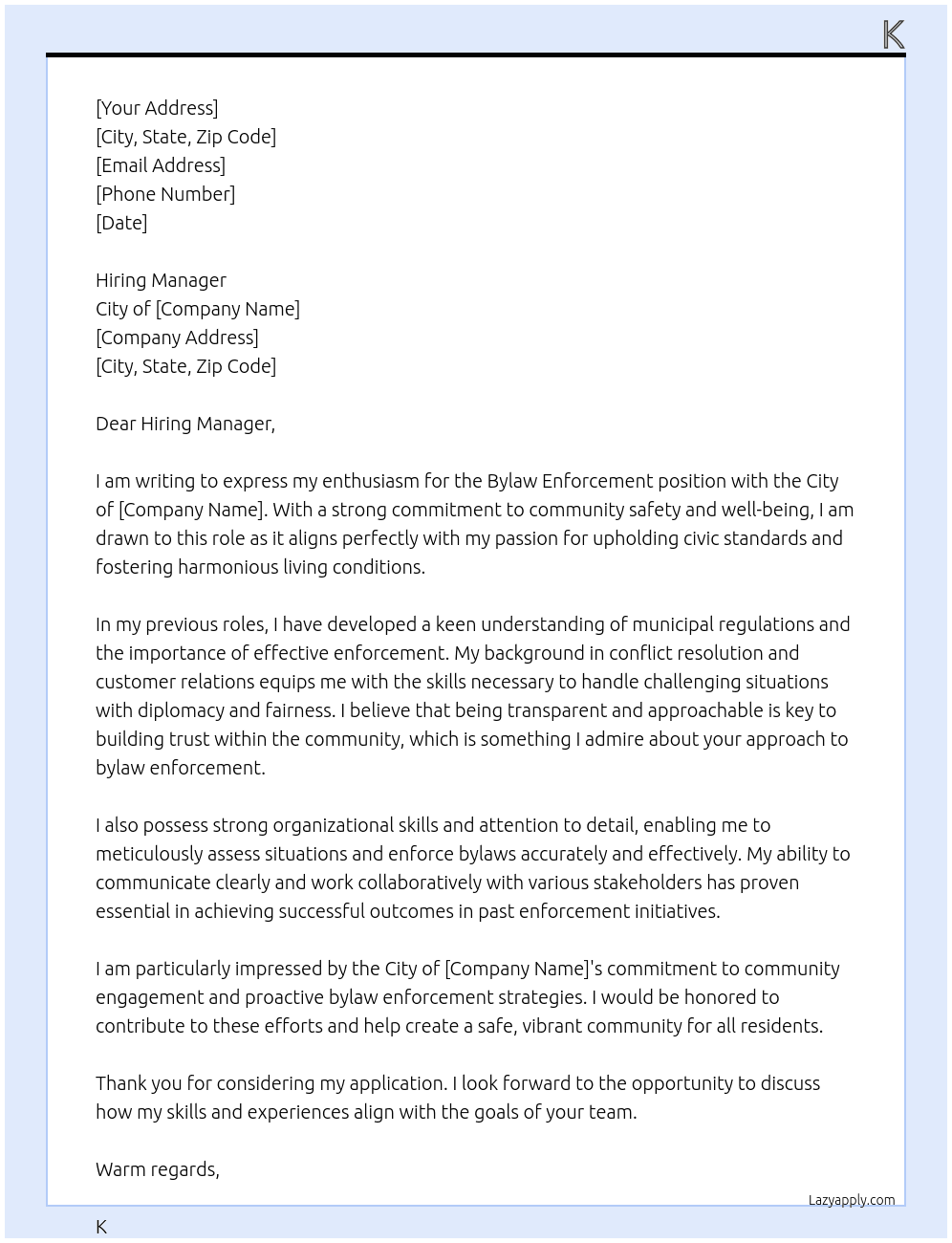 Bylaw Enforcement At City of Cover Letter