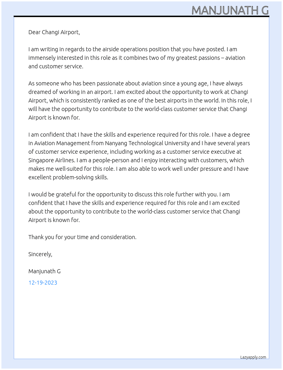 Airside operation At changi airport Cover Letter