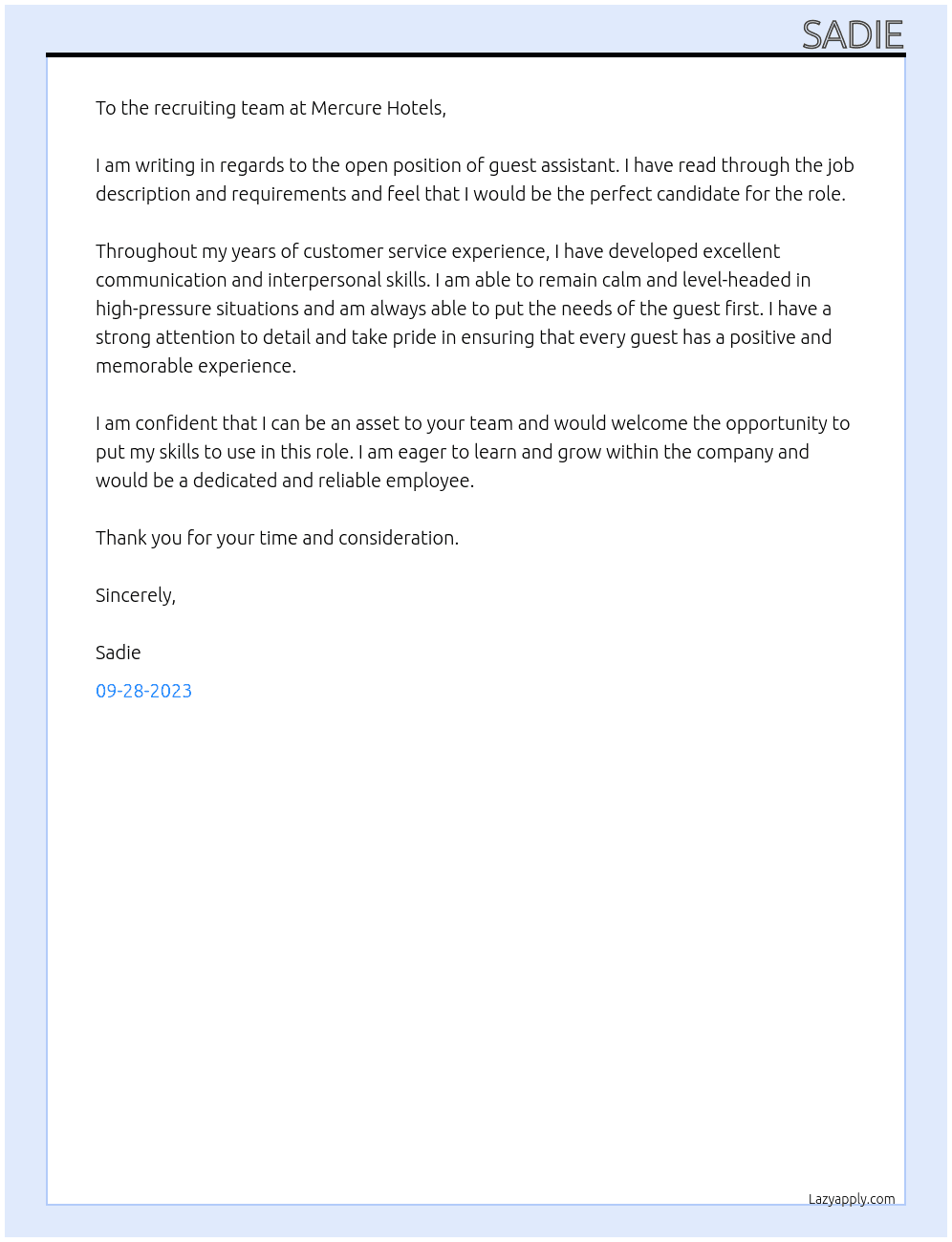 Guest assistant  At Mercure Hotels Cover Letter