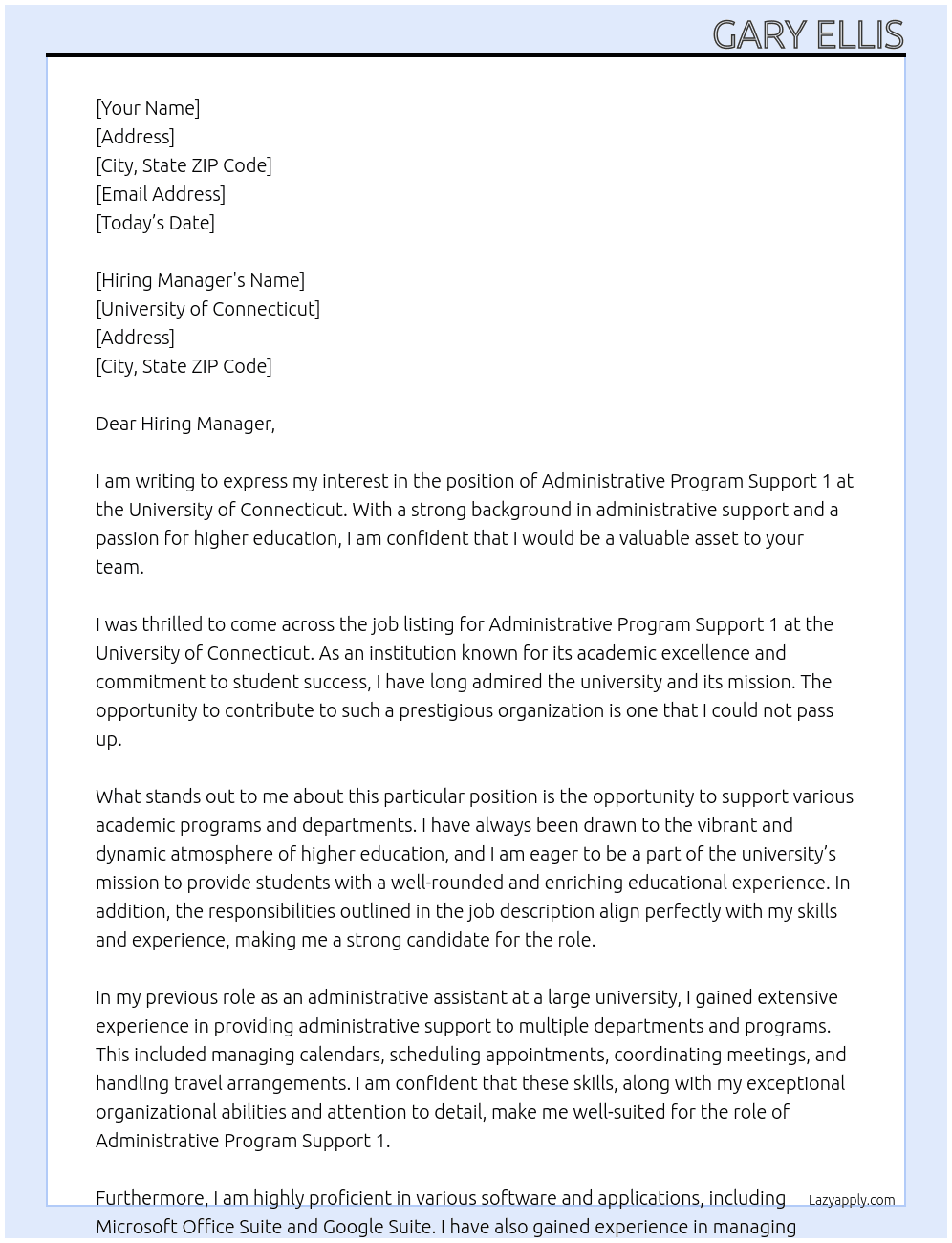 Administrative Program Support 1 At University of Connecticut Cover Letter