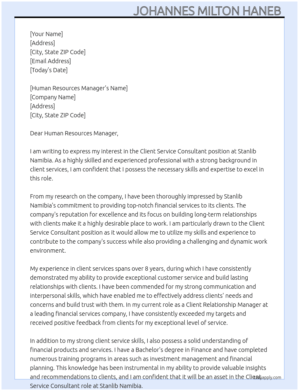 Client Service Consultant  At Stanlib Namibia  Cover Letter
