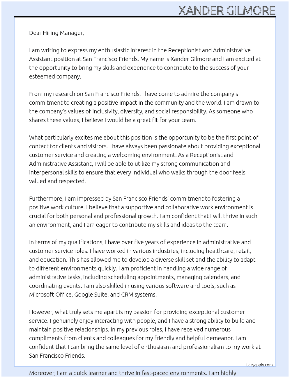 Receptionist and Administrative Assistant At San Francisco Friends Cover Letter