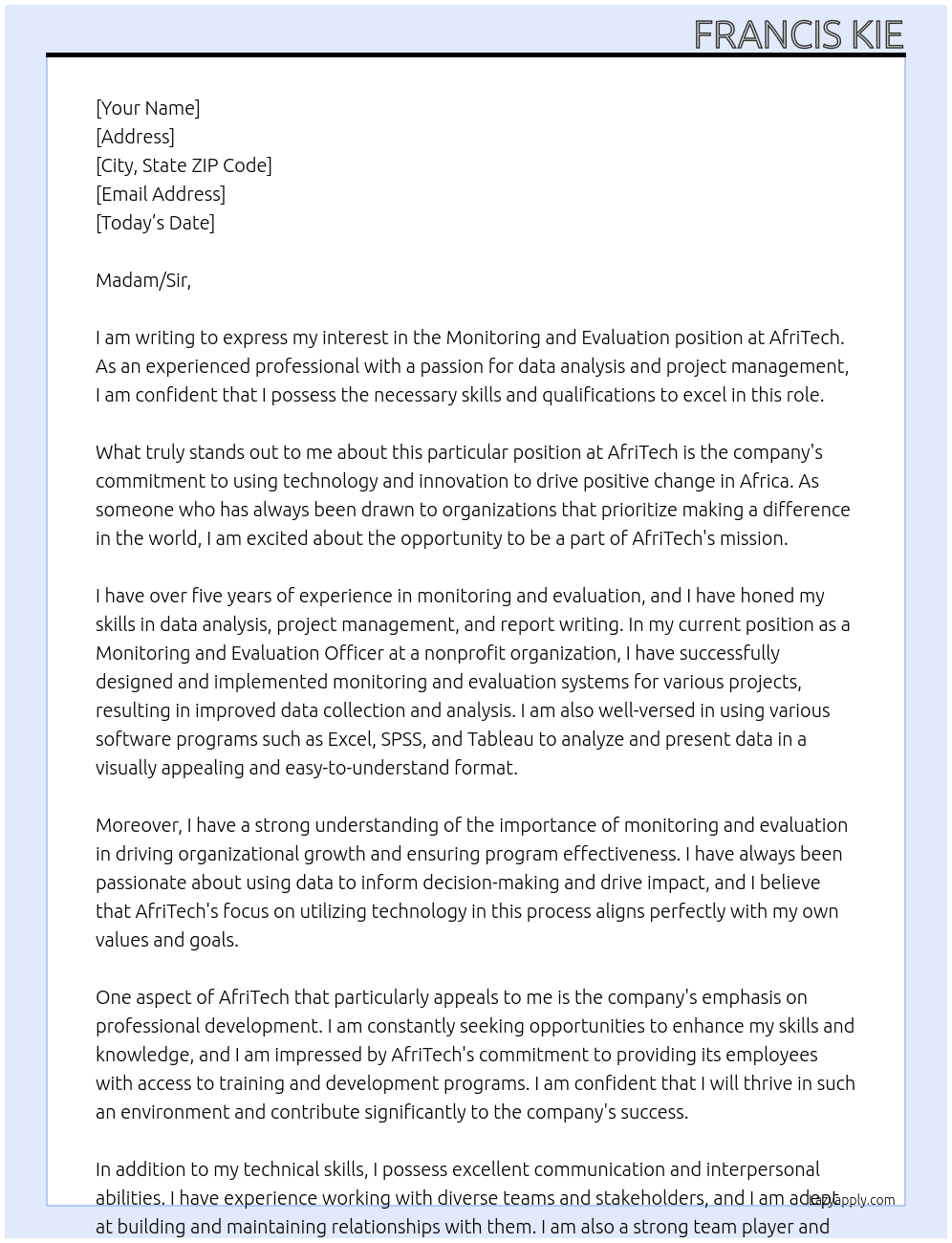 Monitoring and Evaluation At AfriTech Cover Letter