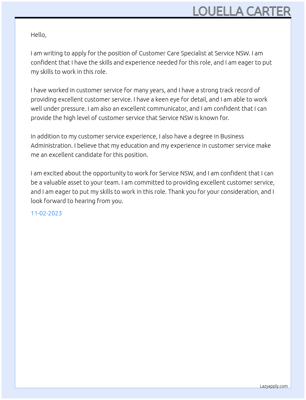 CUSTOMER CARE SPECIALIST At SERVICE NSW Cover Letter
