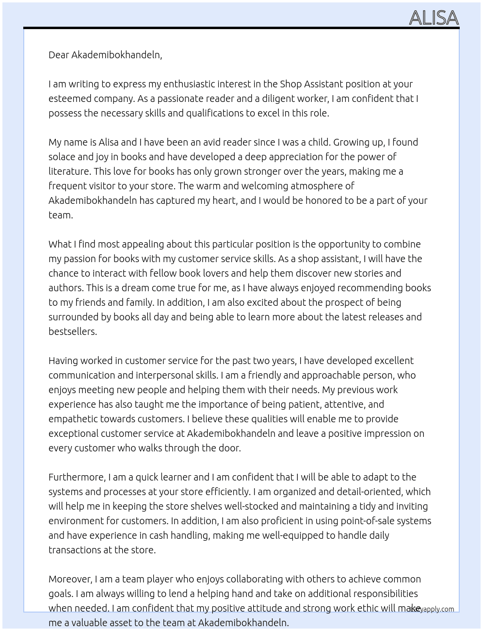 Shop assistant At Akademibokhandeln Cover Letter