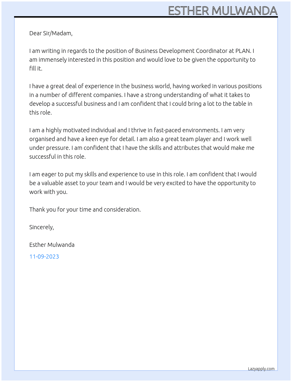 Business Development Coordinator At PLAN Cover Letter
