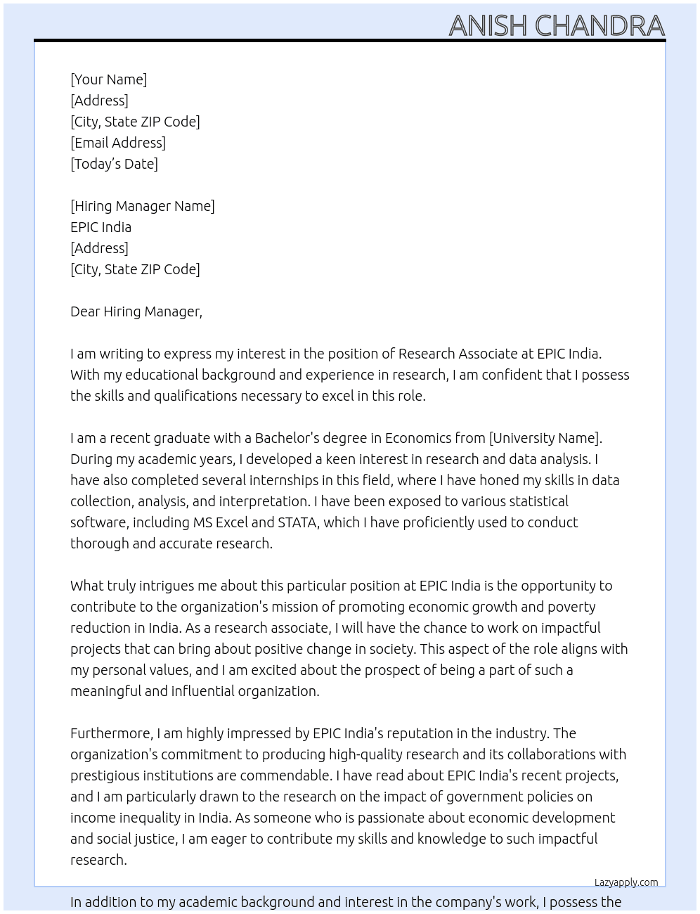 Research Associate At EPIC India Cover Letter