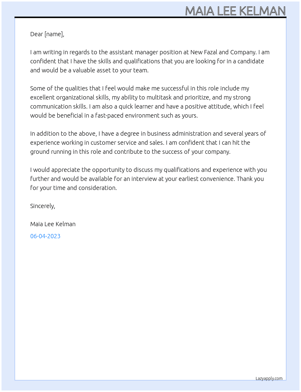 Assistant manager At New fazal and company Cover Letter
