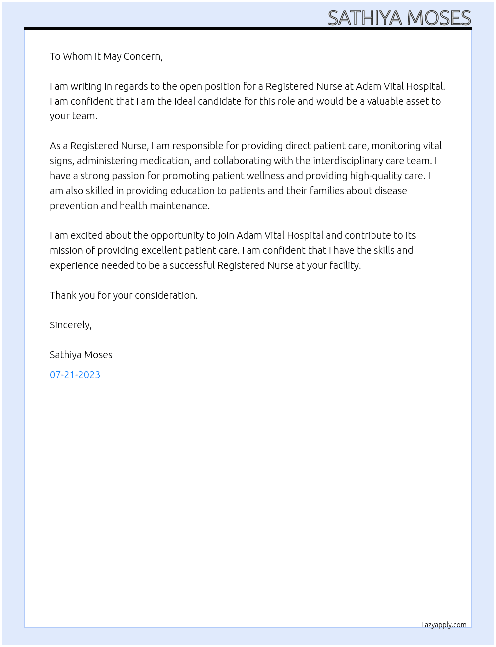 REGISTERED NURSE At ADAM VITAL HOSPITAL Cover Letter