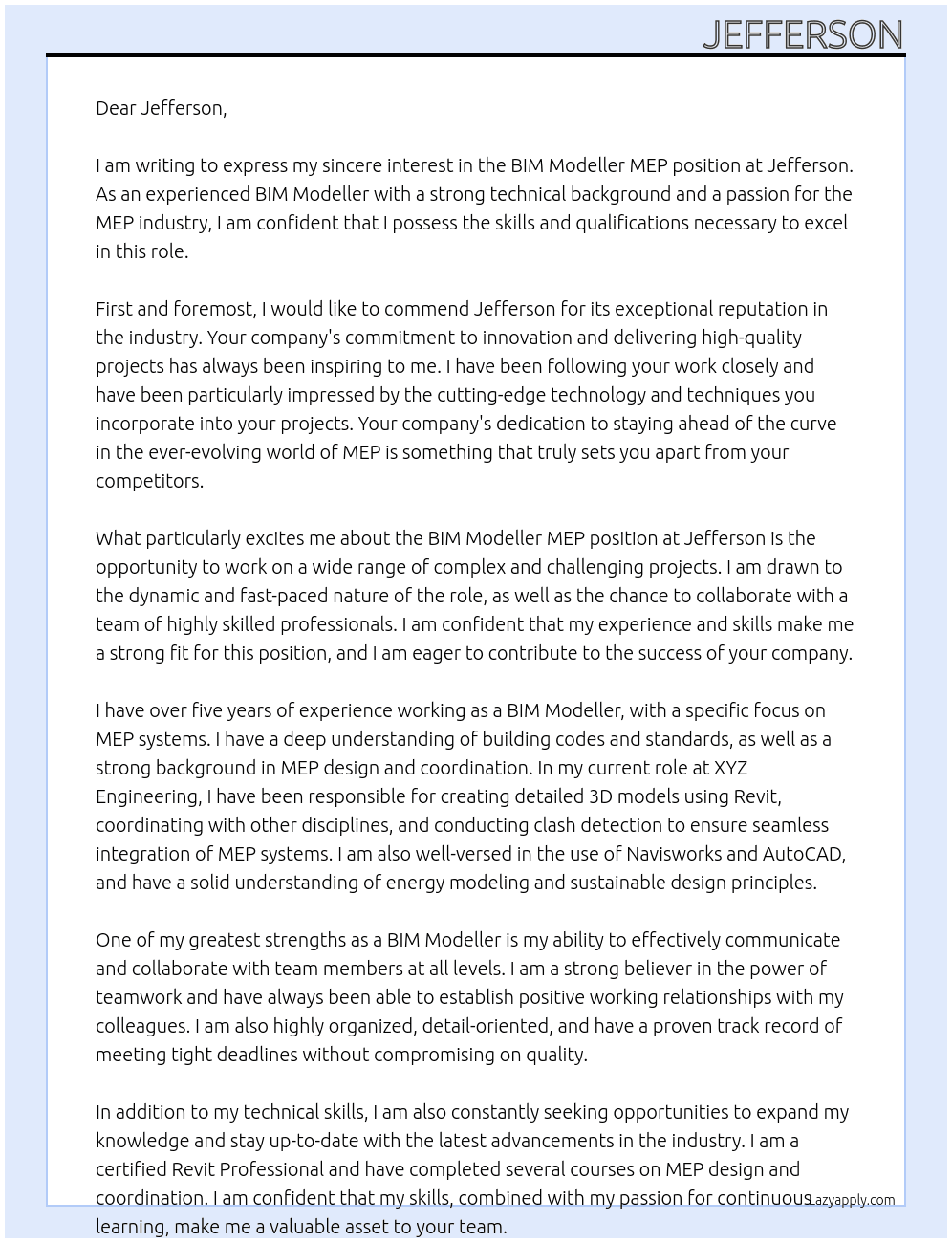 bim modeller MEP At Jefferson Cover Letter