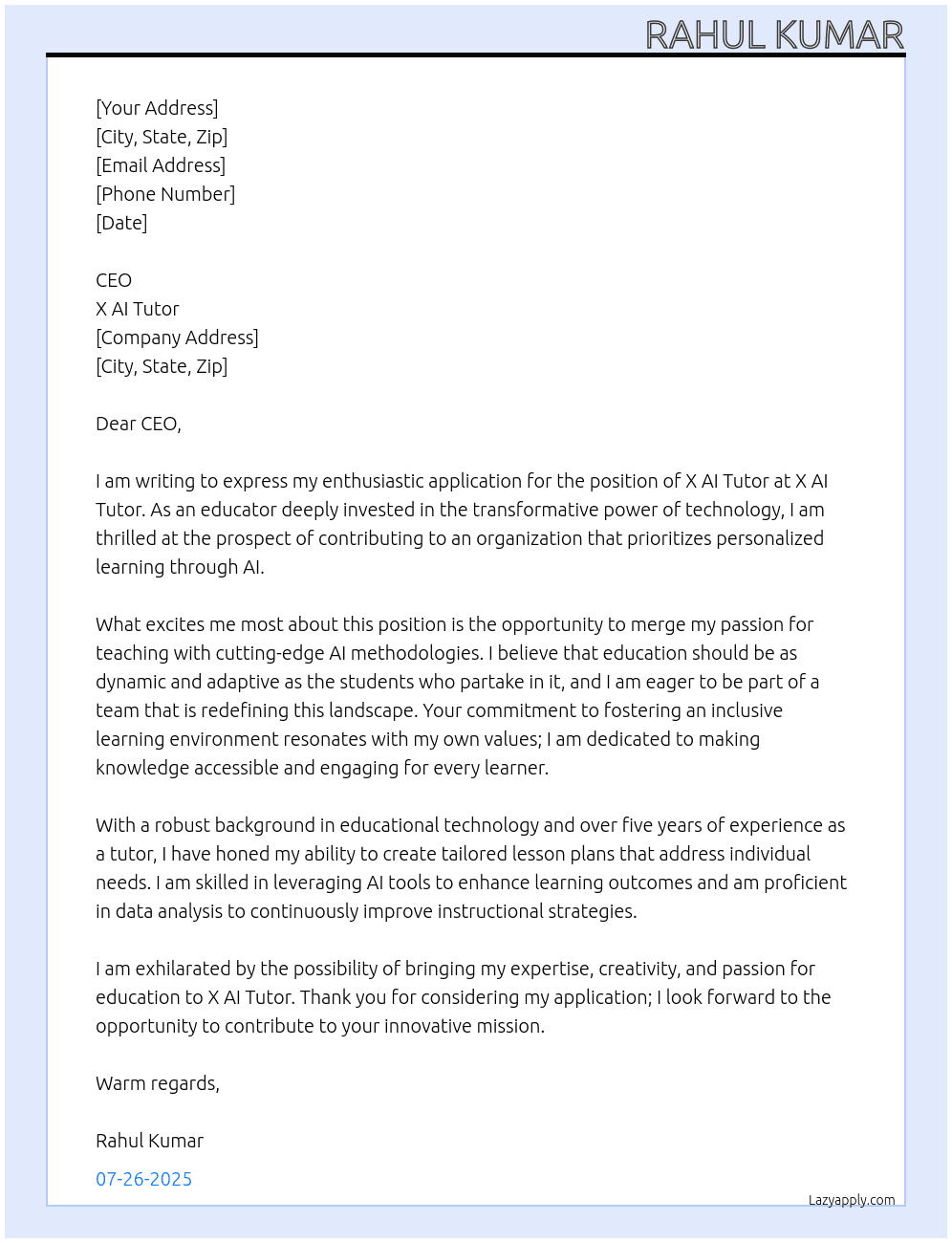 X ai tutor At X ai tutor Cover Letter