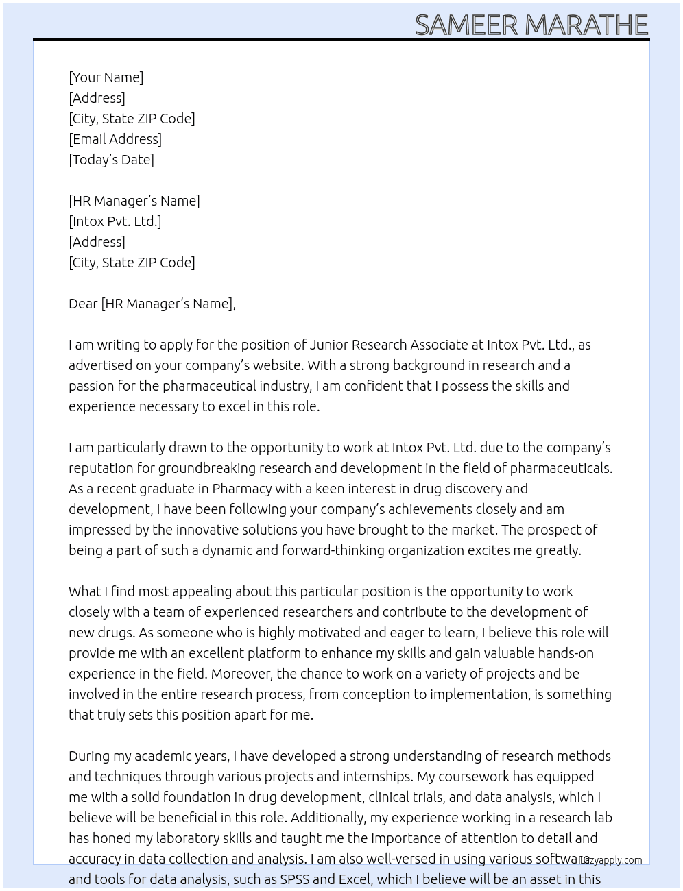 Junior Research Associate At Intox Pvt. Ltd. Cover Letter