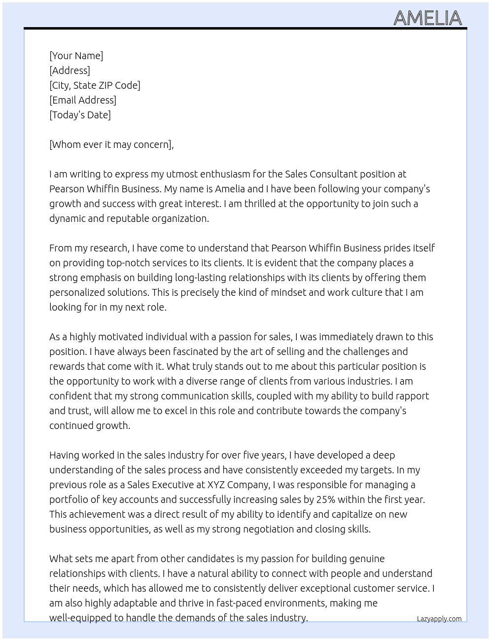 Sales consultant  At Pearson Whiffin Business Cover Letter
