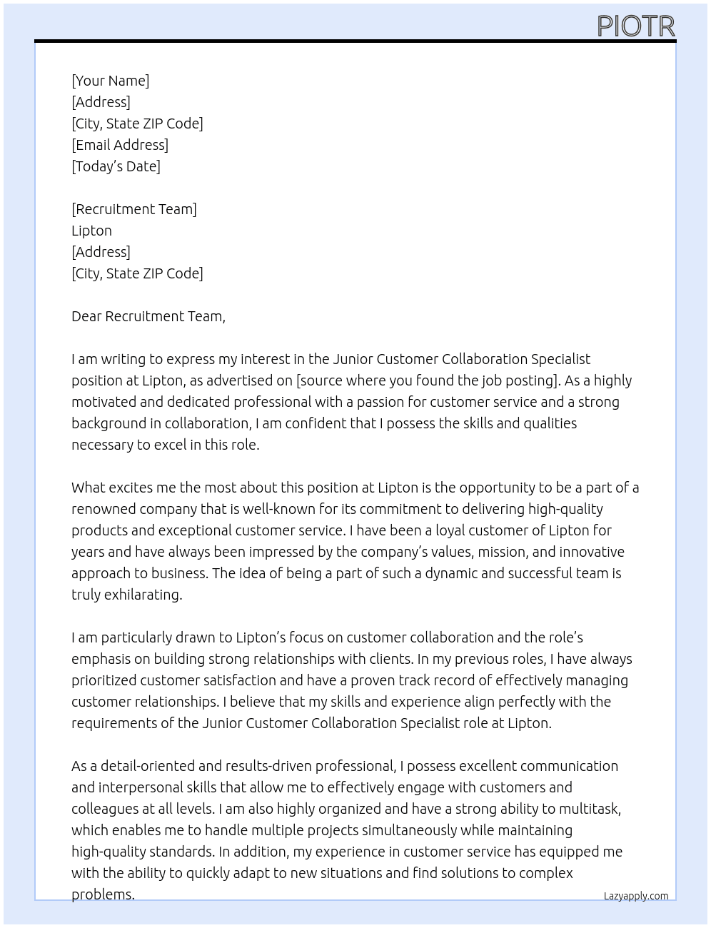 Junior Customer Collaboration Specialist At Lipton Cover Letter