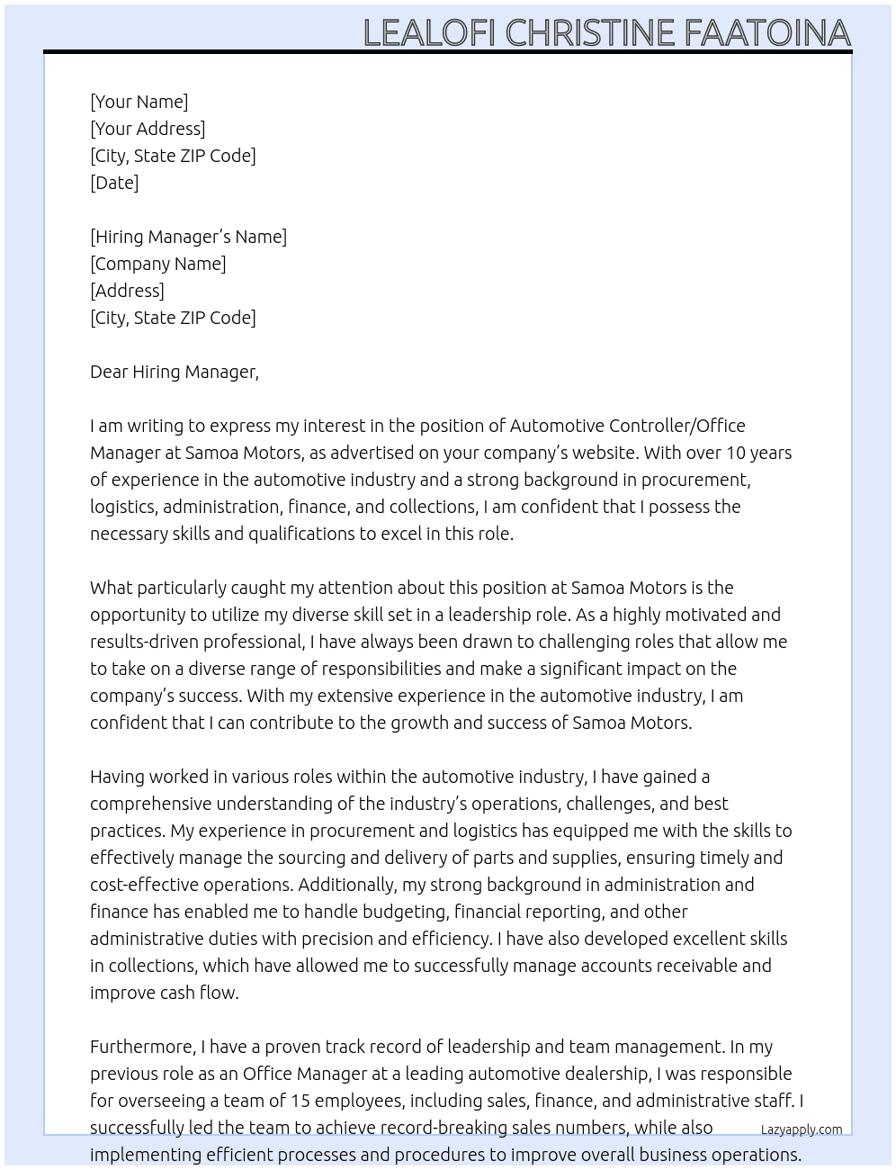 Automotive Controller/Office Manager At Samoa Motors Cover Letter