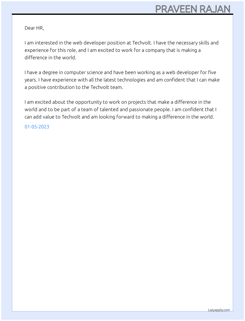 Web developer  At Techvolt  Cover Letter