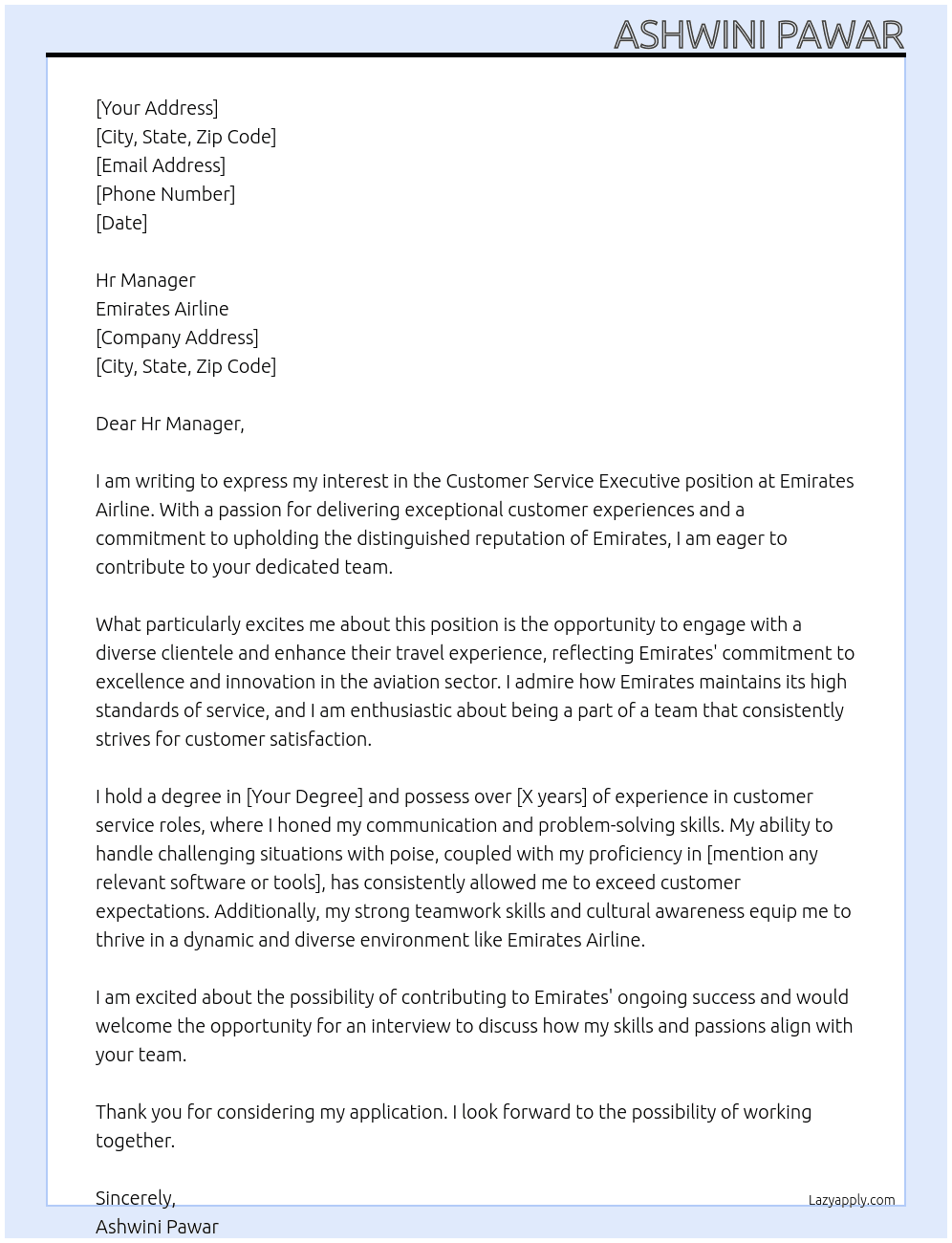 Customer Service Executive  At Emirates Airline Cover Letter