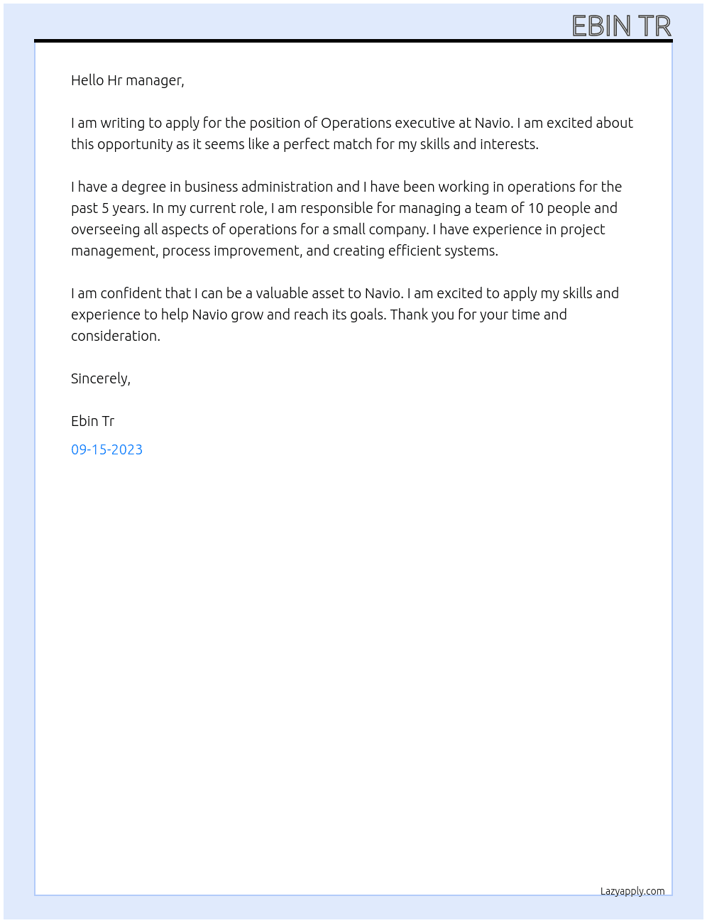 Operations executive At Navio Cover Letter