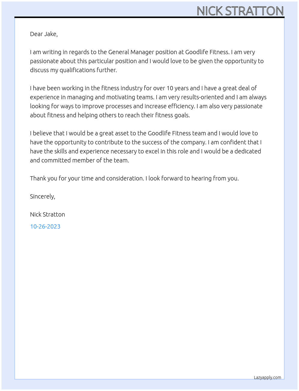 General Manager At Goodlife Fitness Cover Letter