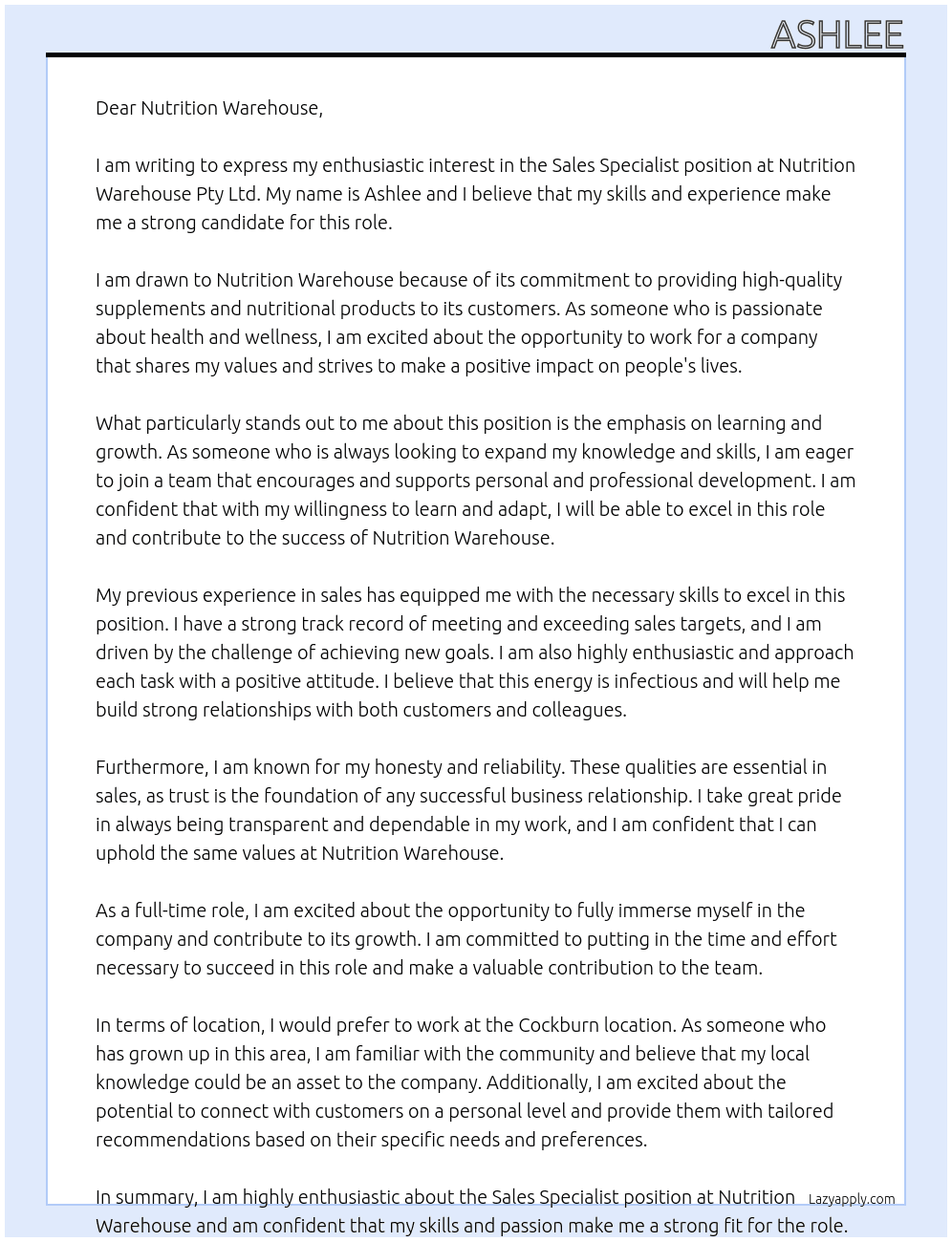 Sales Specialist At Nutrition Warehouse Pty Ltd Cover Letter