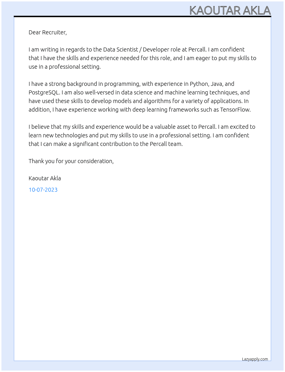 Data scientist / développeur (H/F)  At Percall Cover Letter
