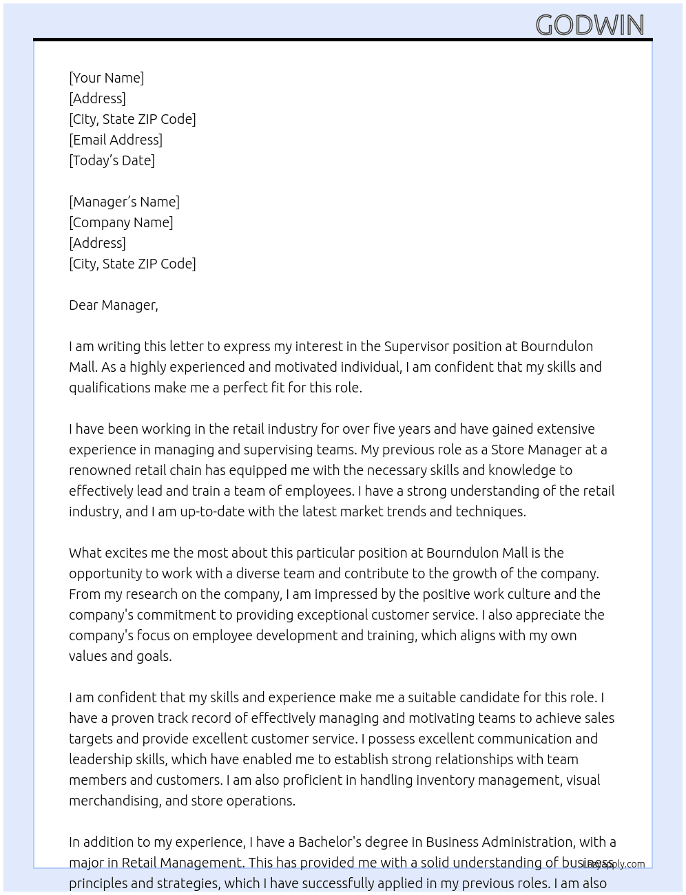 Supervisor  At Bourndulon Mall Cover Letter