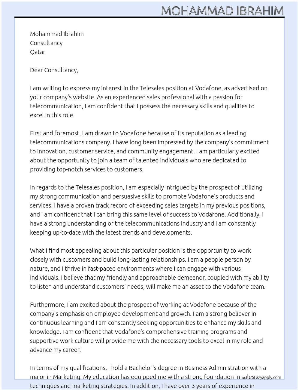 Telesales  At Vodafone Cover Letter
