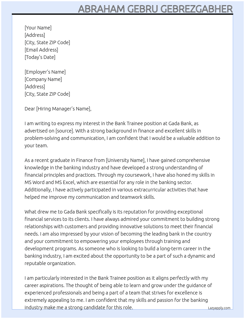 Bank Trainee At Gada bank Cover Letter