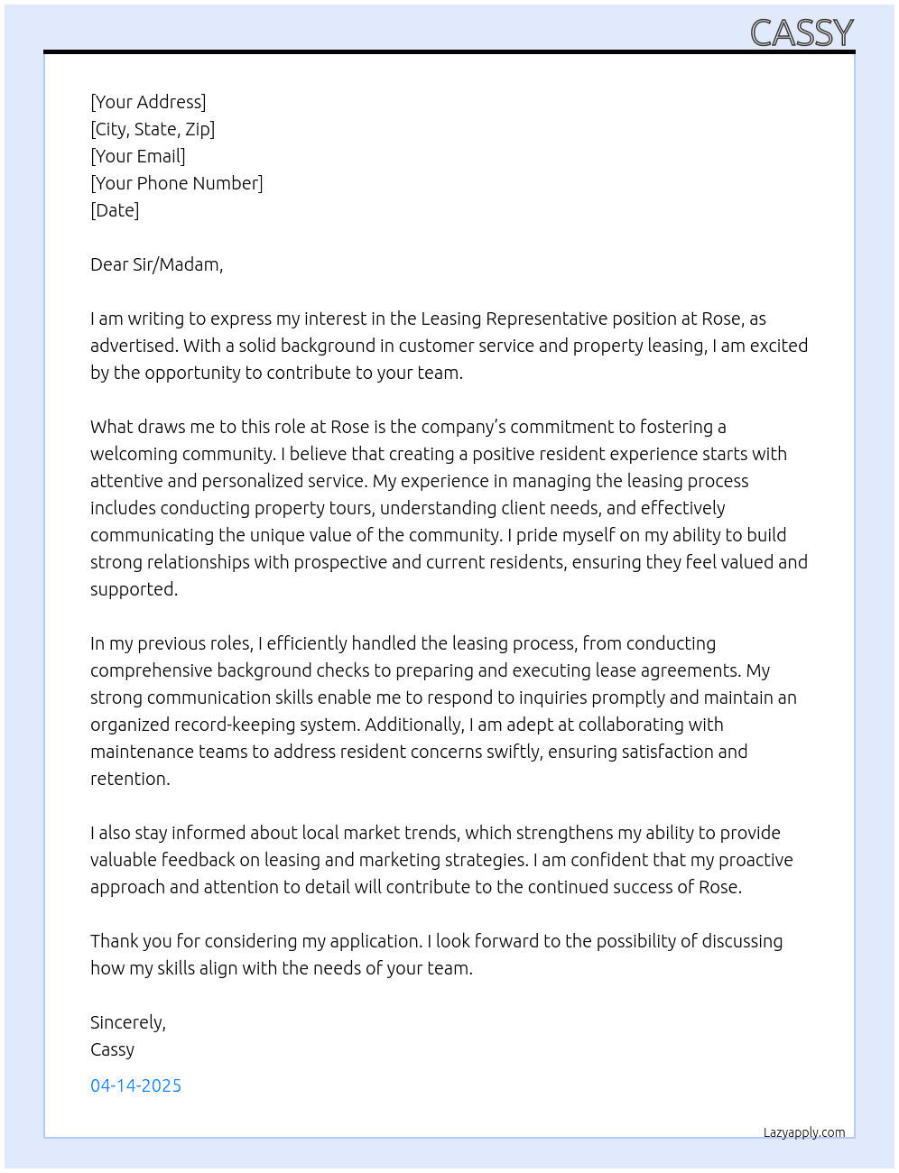 Cover letter for leasing representative - LazyApply