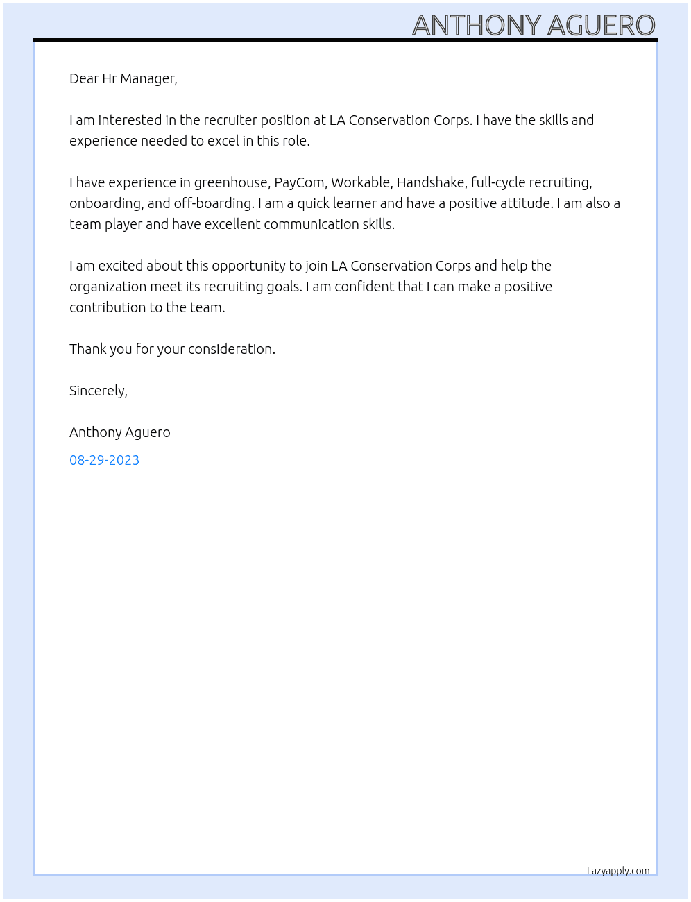 Recruiter At LA Conservation Corps Cover Letter