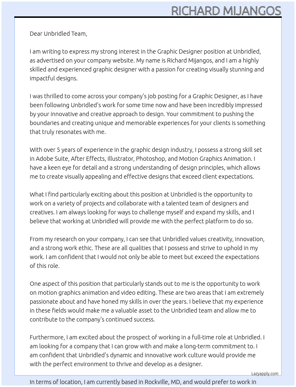 Graphic Designer At Unbridled Cover Letter