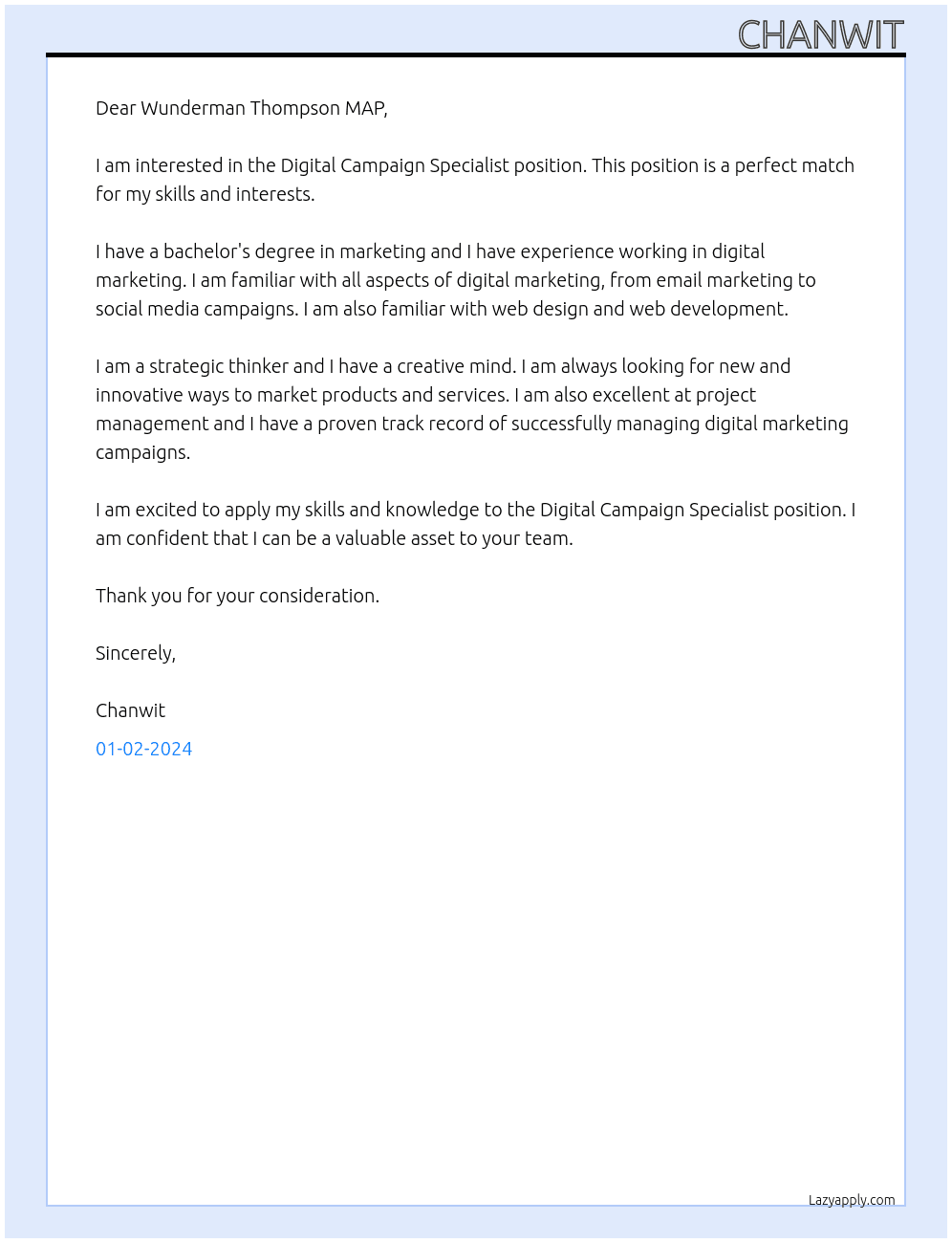 Digital Campaign Specialist At Wunderman Thompson MAP Cover Letter