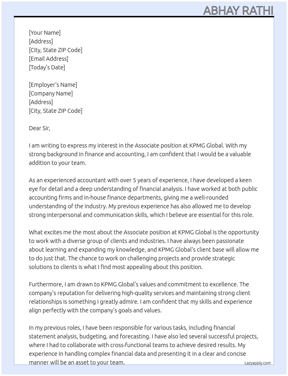 Associate  At KPMG Global Cover Letter