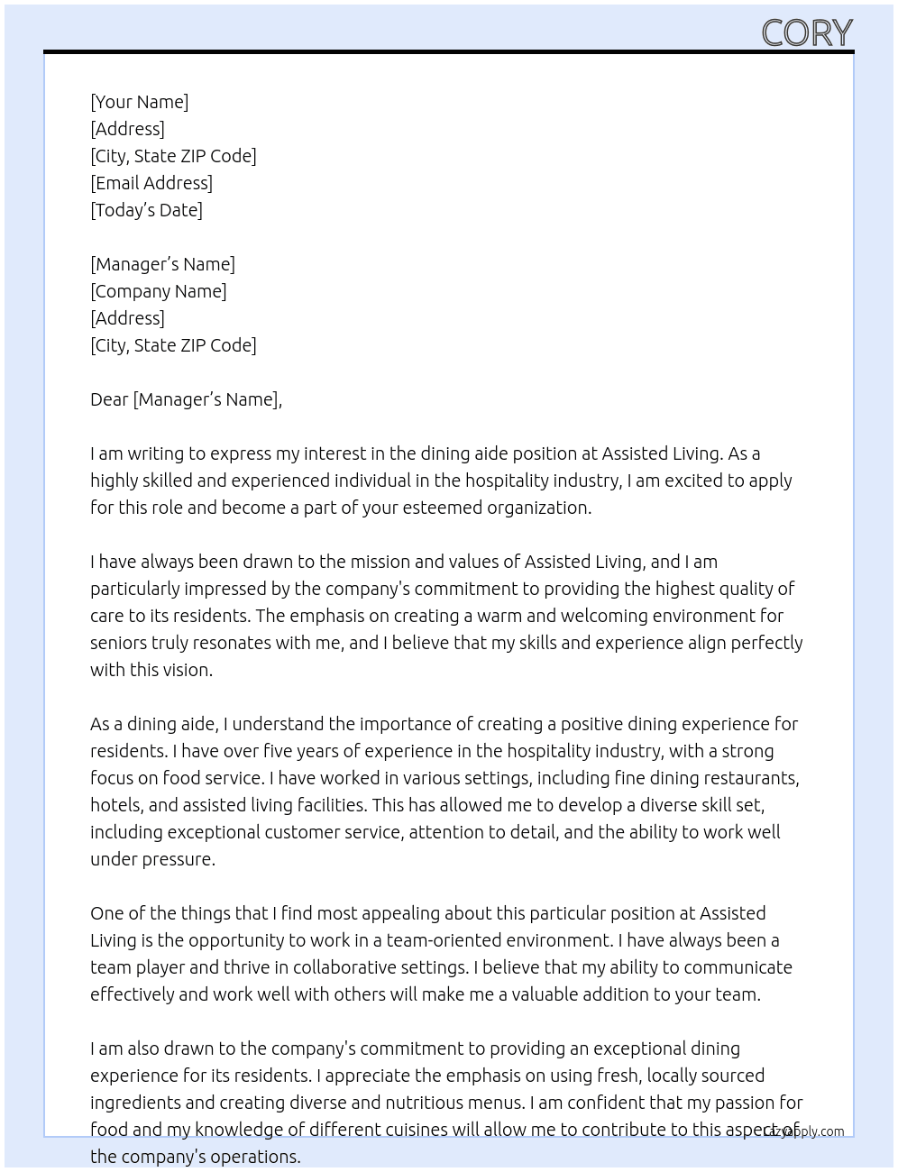 dining aide At Assisted Living Cover Letter