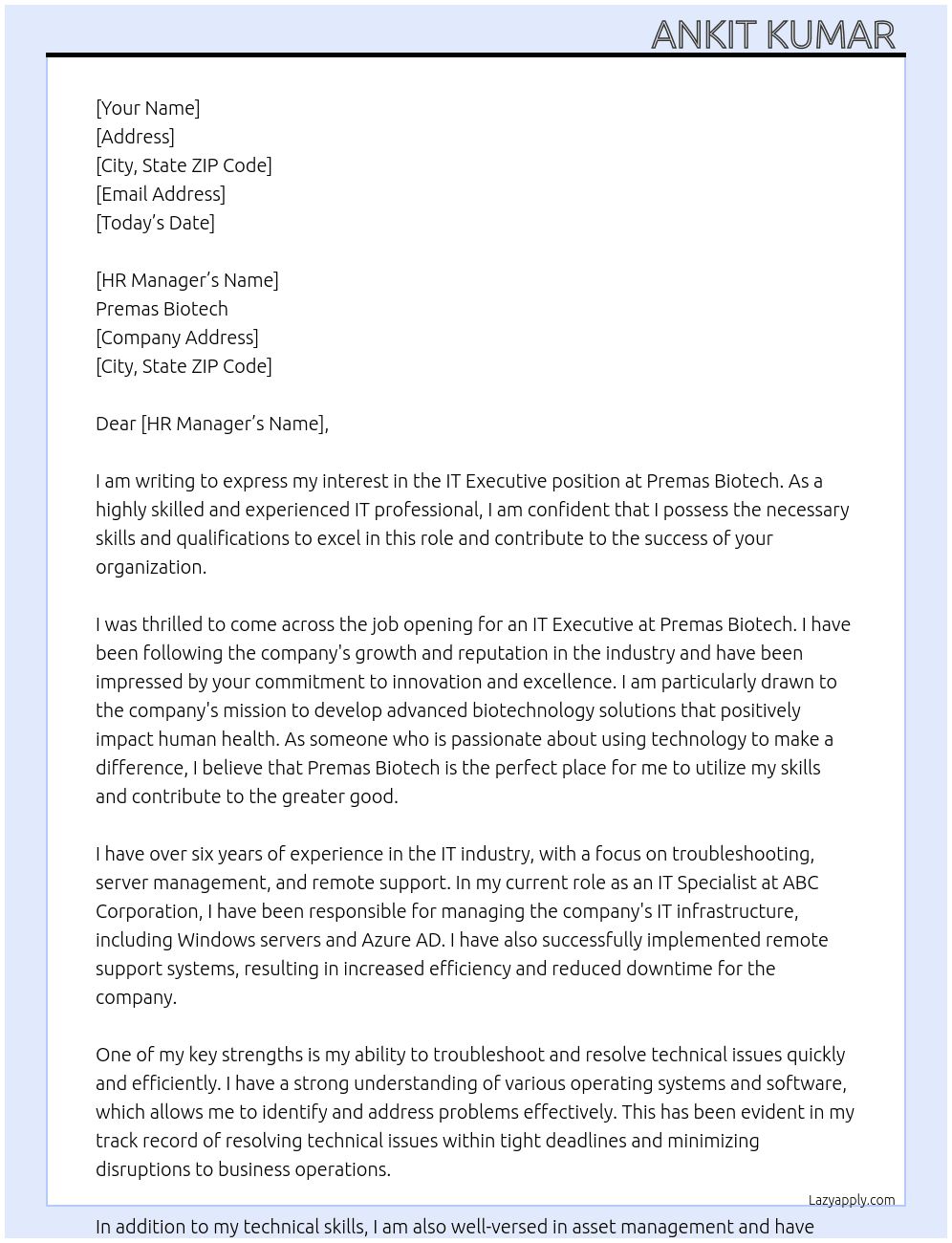 IT Executive At Premas Biotech Cover Letter