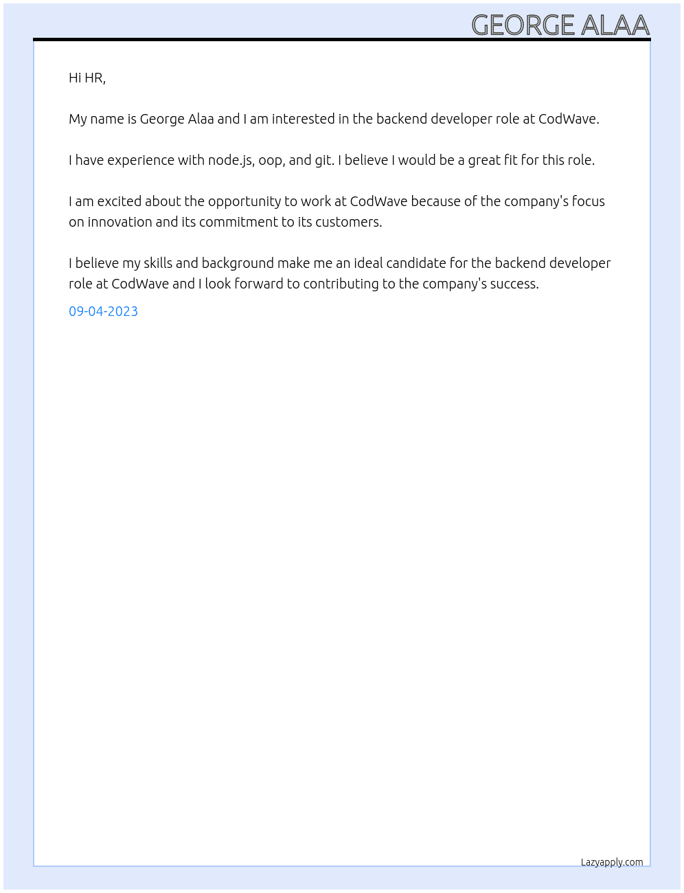 Backend Developer At CodWave Cover Letter